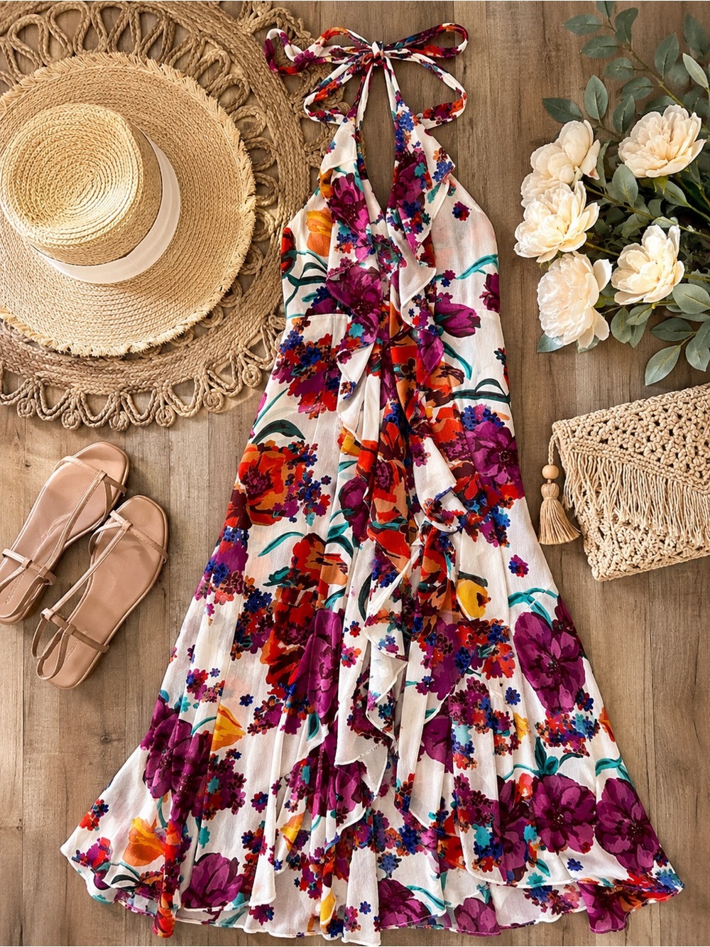 MISA Los Angeles Floral Wrap Maxi Dress XS Halter Ruffle High-Low NWOT